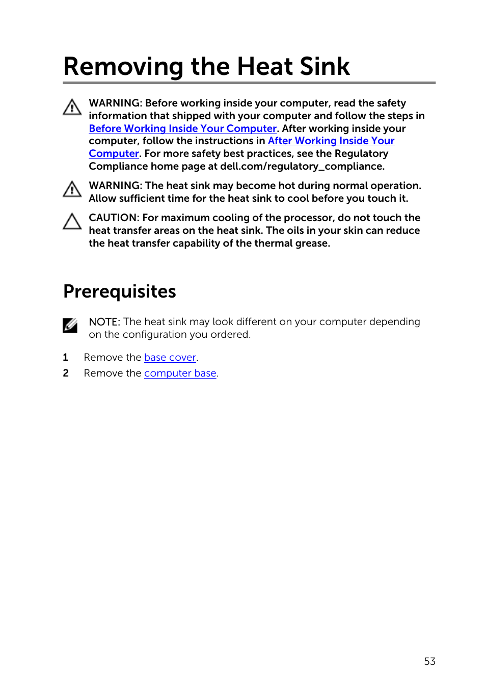 Removing the heat sink, Prerequisites | Dell Inspiron 23 (2350, Mid 2013) User Manual | Page 53 / 106