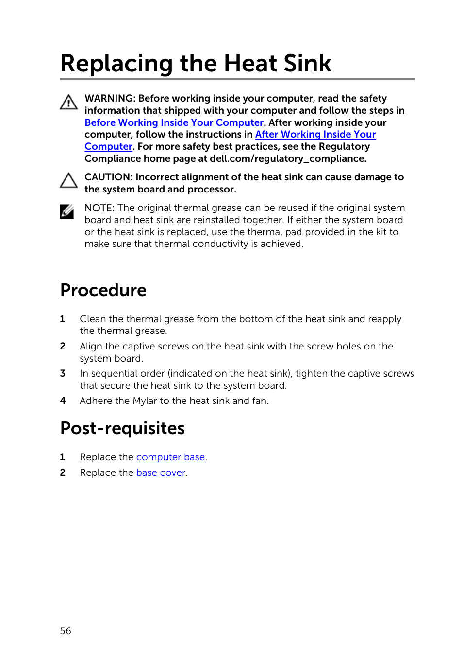 Replacing the heat sink, Procedure, Post-requisites | Dell Inspiron 23 (2350, Mid 2013) User Manual | Page 56 / 106