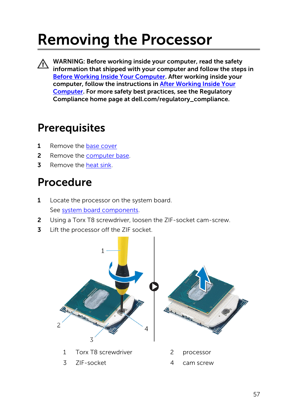 Removing the processor, Prerequisites, Procedure | Dell Inspiron 23 (2350, Mid 2013) User Manual | Page 57 / 106