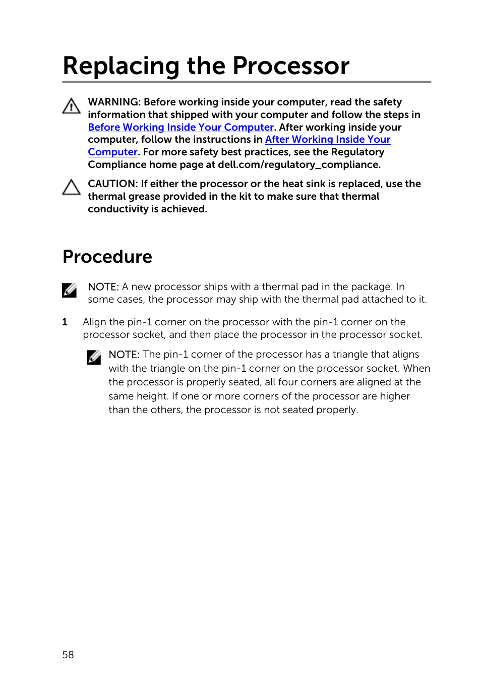 Replacing the processor, Procedure | Dell Inspiron 23 (2350, Mid 2013) User Manual | Page 58 / 106