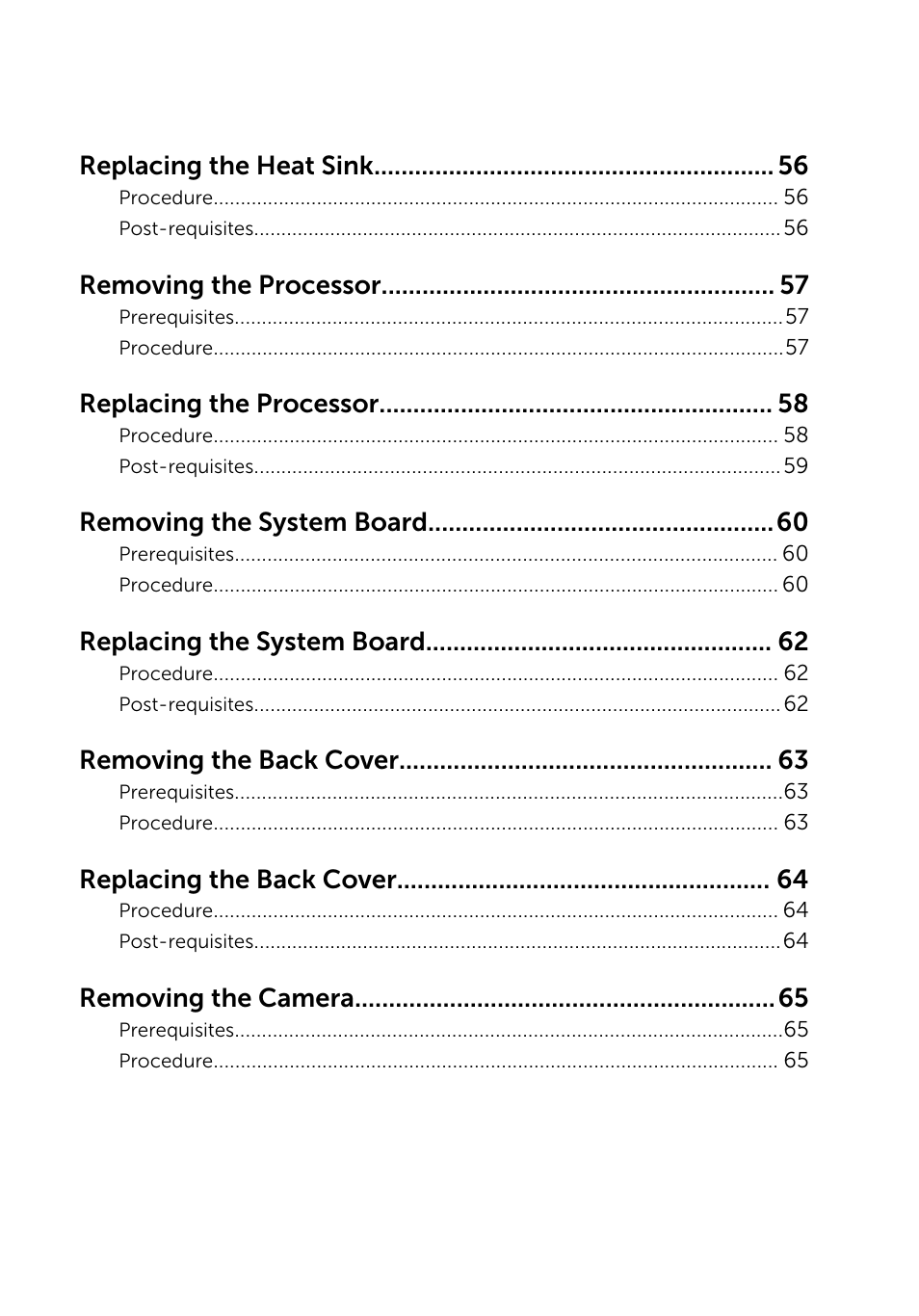 Replacing the heat sink, Removing the processor, Replacing the processor | Removing the system board, Replacing the system board, Removing the back cover, Replacing the back cover, Removing the camera | Dell Inspiron 23 (2350, Mid 2013) User Manual | Page 6 / 106