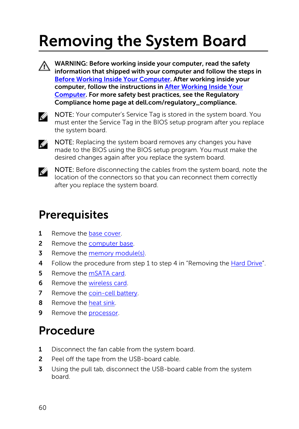 Removing the system board, Prerequisites, Procedure | Dell Inspiron 23 (2350, Mid 2013) User Manual | Page 60 / 106