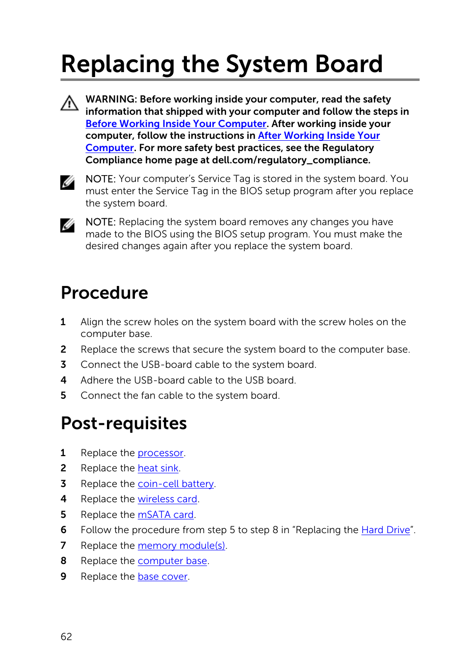 Replacing the system board, Procedure, Post-requisites | Dell Inspiron 23 (2350, Mid 2013) User Manual | Page 62 / 106