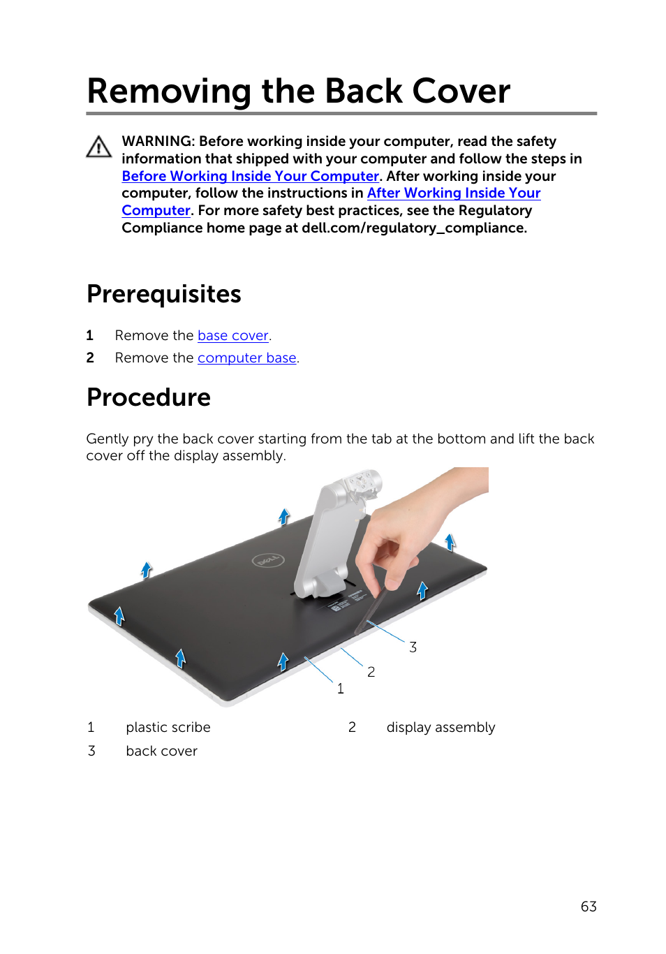 Removing the back cover, Prerequisites, Procedure | Dell Inspiron 23 (2350, Mid 2013) User Manual | Page 63 / 106