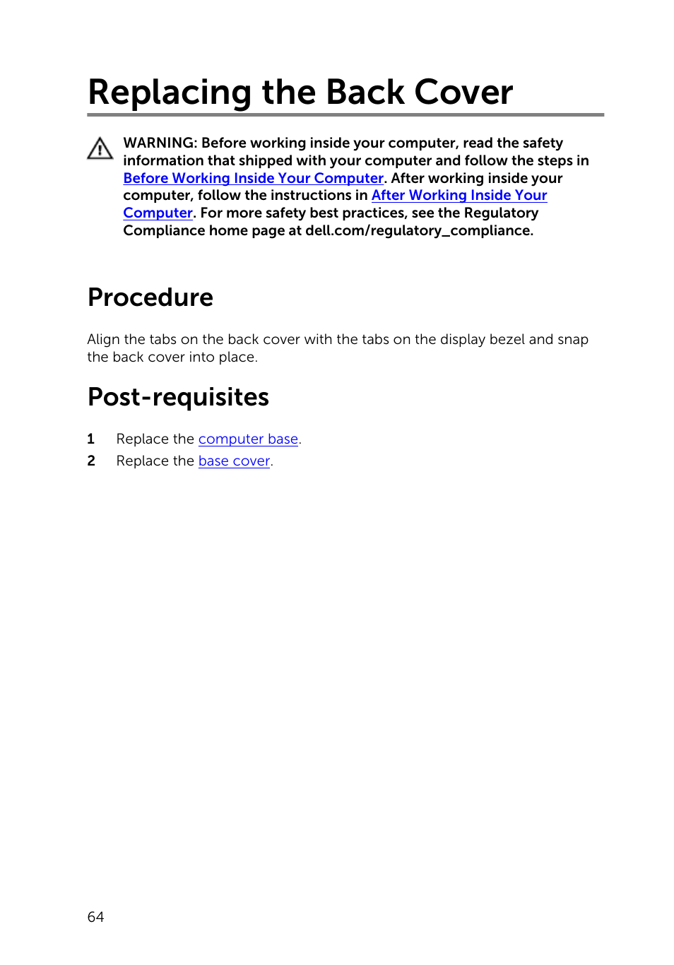 Replacing the back cover, Procedure, Post-requisites | Dell Inspiron 23 (2350, Mid 2013) User Manual | Page 64 / 106
