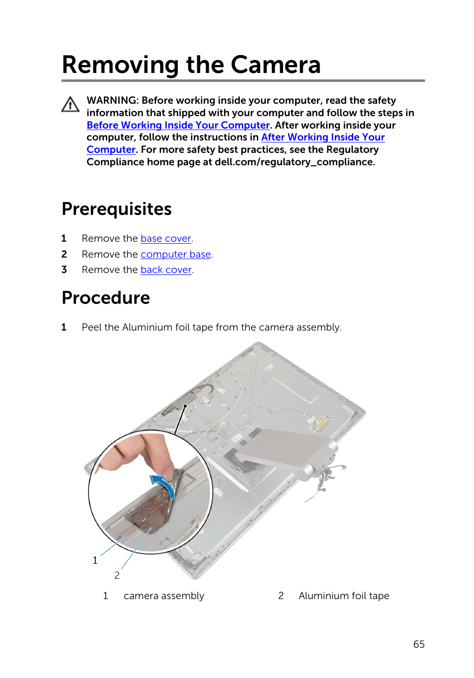 Removing the camera, Prerequisites, Procedure | Dell Inspiron 23 (2350, Mid 2013) User Manual | Page 65 / 106