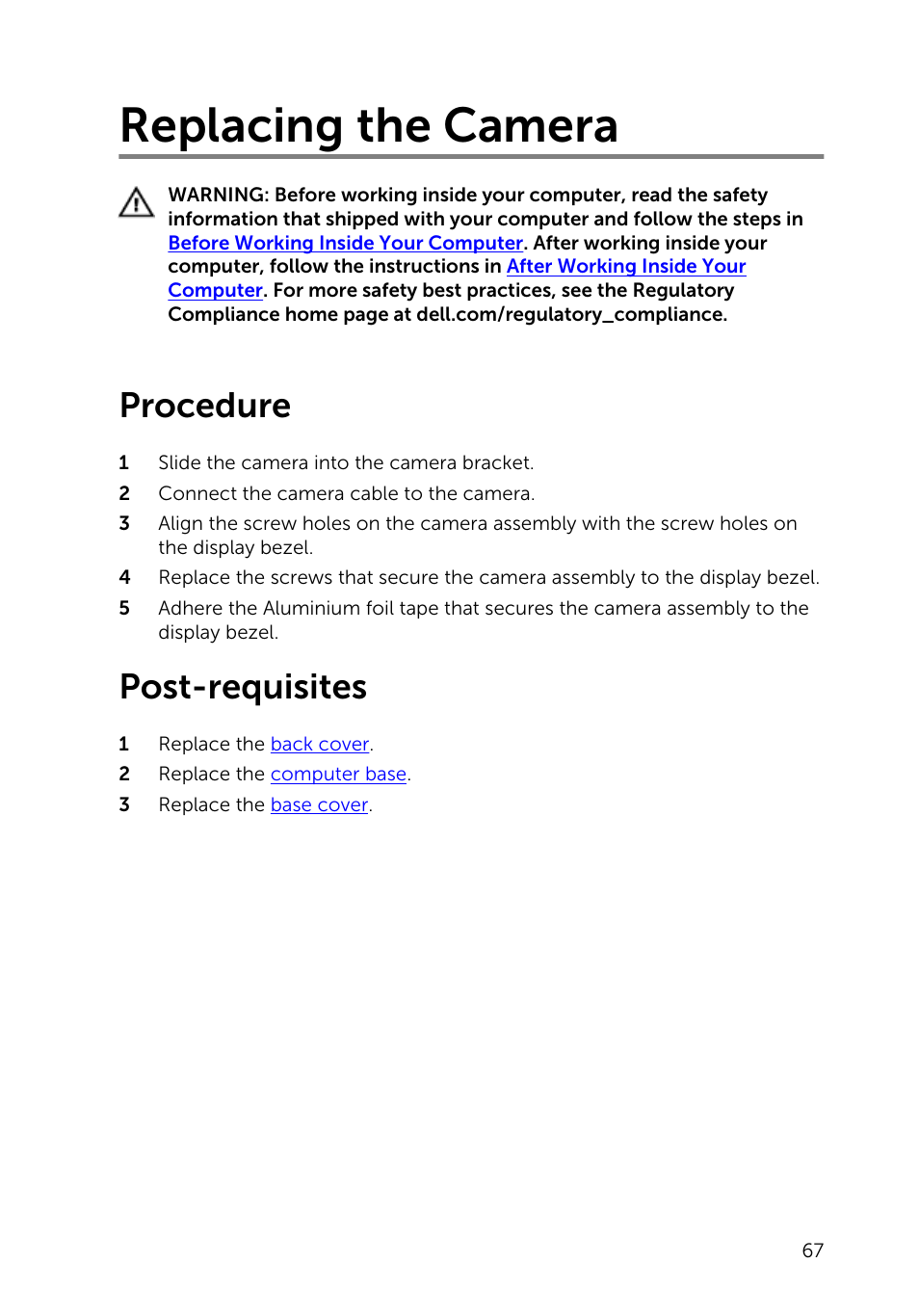 Replacing the camera, Procedure, Post-requisites | Dell Inspiron 23 (2350, Mid 2013) User Manual | Page 67 / 106