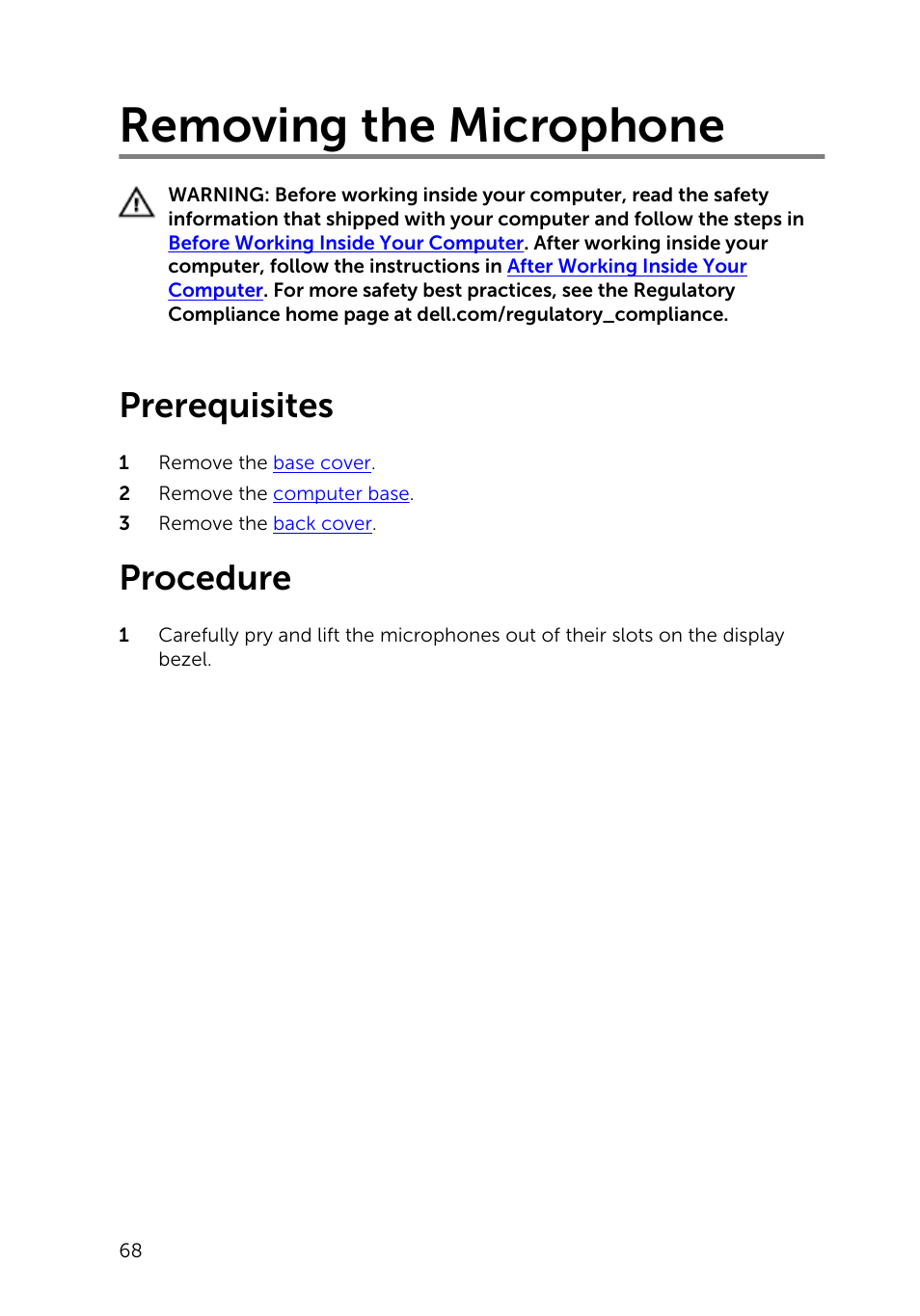 Removing the microphone, Prerequisites, Procedure | Dell Inspiron 23 (2350, Mid 2013) User Manual | Page 68 / 106