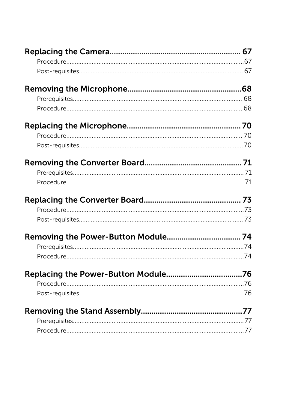 Replacing the camera, Removing the microphone, Replacing the microphone | Removing the converter board, Replacing the converter board, Removing the power-button module, Replacing the power-button module, Removing the stand assembly | Dell Inspiron 23 (2350, Mid 2013) User Manual | Page 7 / 106