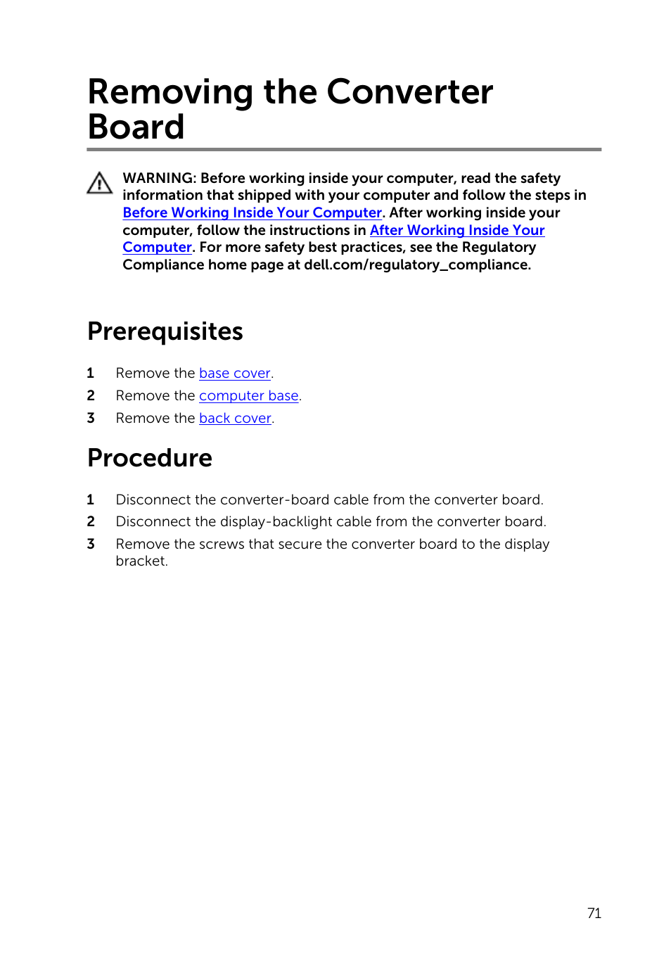 Removing the converter board, Prerequisites, Procedure | Dell Inspiron 23 (2350, Mid 2013) User Manual | Page 71 / 106