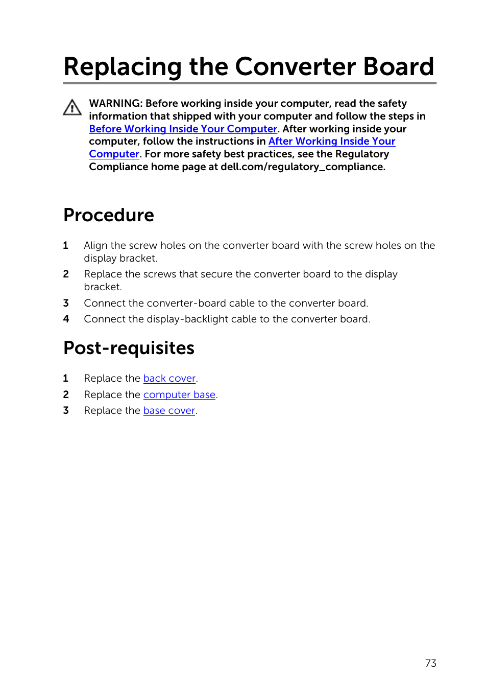 Replacing the converter board, Procedure, Post-requisites | Dell Inspiron 23 (2350, Mid 2013) User Manual | Page 73 / 106