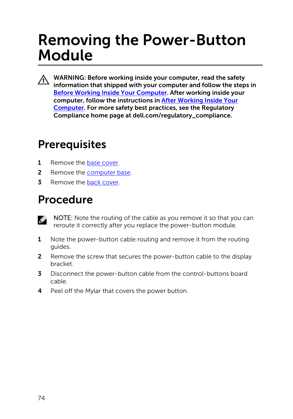 Removing the power-button module, Prerequisites, Procedure | Dell Inspiron 23 (2350, Mid 2013) User Manual | Page 74 / 106