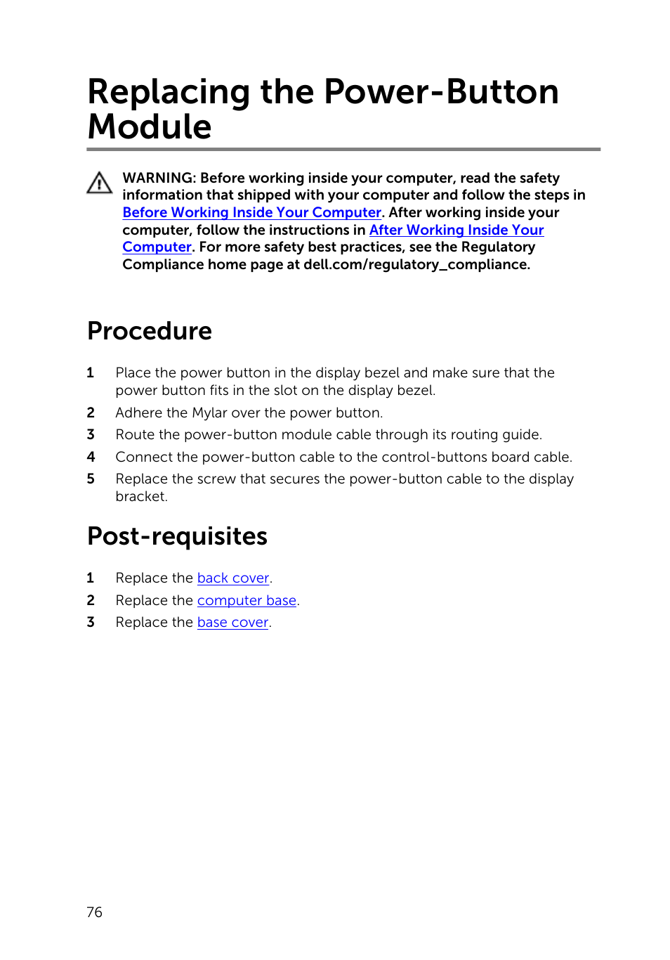 Replacing the power-button module, Procedure, Post-requisites | Dell Inspiron 23 (2350, Mid 2013) User Manual | Page 76 / 106