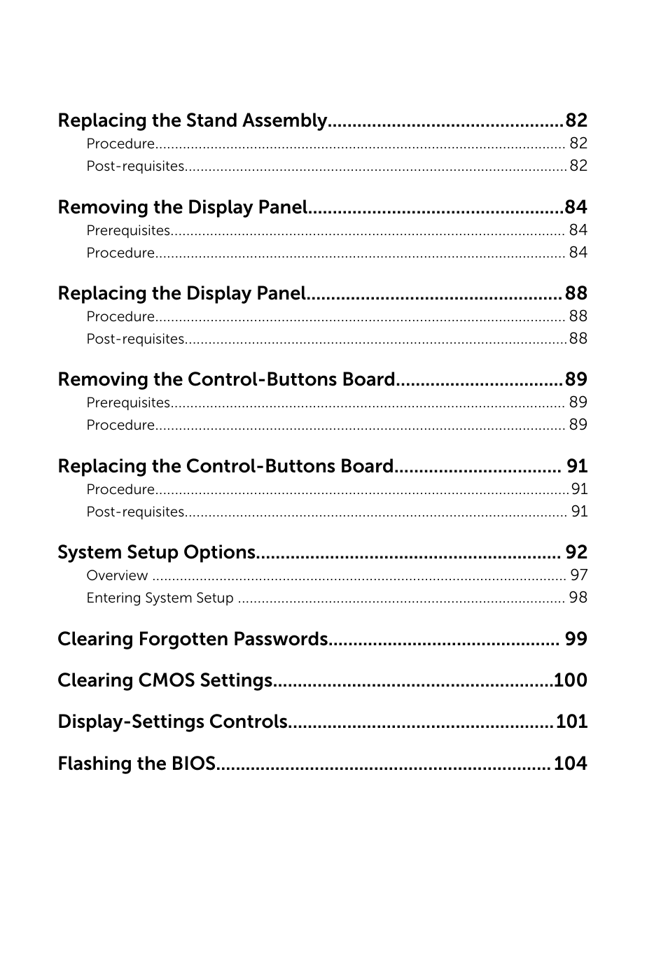 Replacing the stand assembly, Removing the display panel, Replacing the display panel | Removing the control-buttons board, Replacing the control-buttons board, System setup options | Dell Inspiron 23 (2350, Mid 2013) User Manual | Page 8 / 106