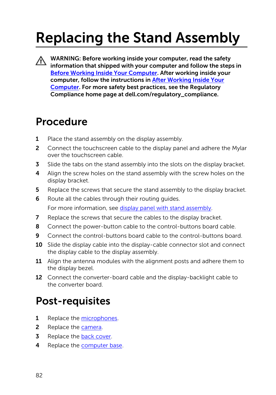 Replacing the stand assembly, Procedure, Post-requisites | Dell Inspiron 23 (2350, Mid 2013) User Manual | Page 82 / 106