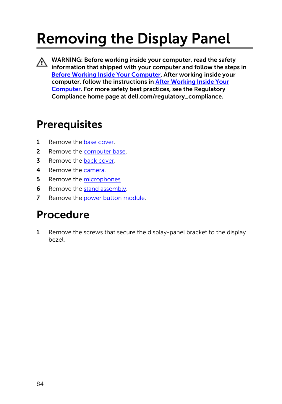 Removing the display panel, Prerequisites, Procedure | Dell Inspiron 23 (2350, Mid 2013) User Manual | Page 84 / 106