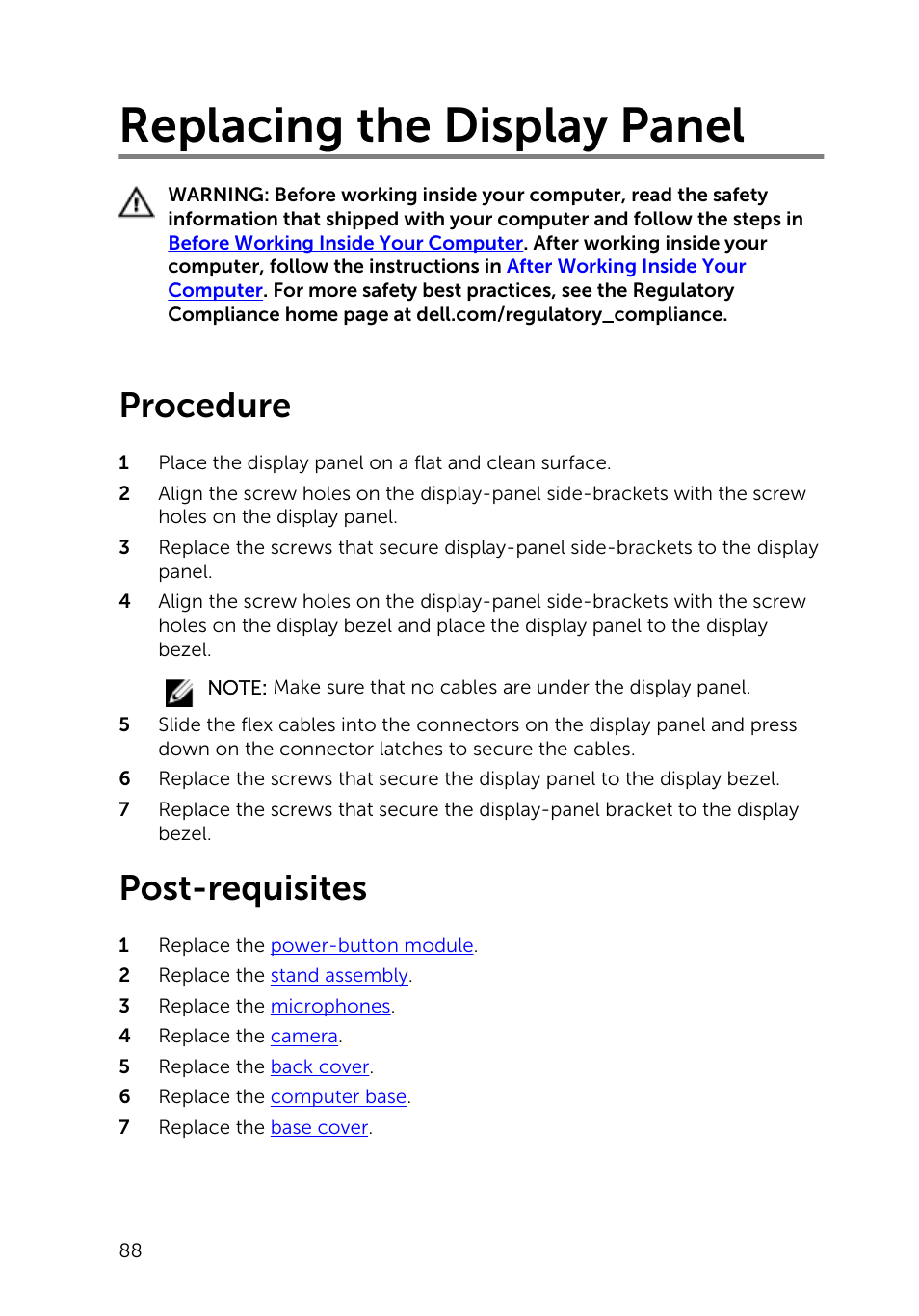 Replacing the display panel, Procedure, Post-requisites | Dell Inspiron 23 (2350, Mid 2013) User Manual | Page 88 / 106