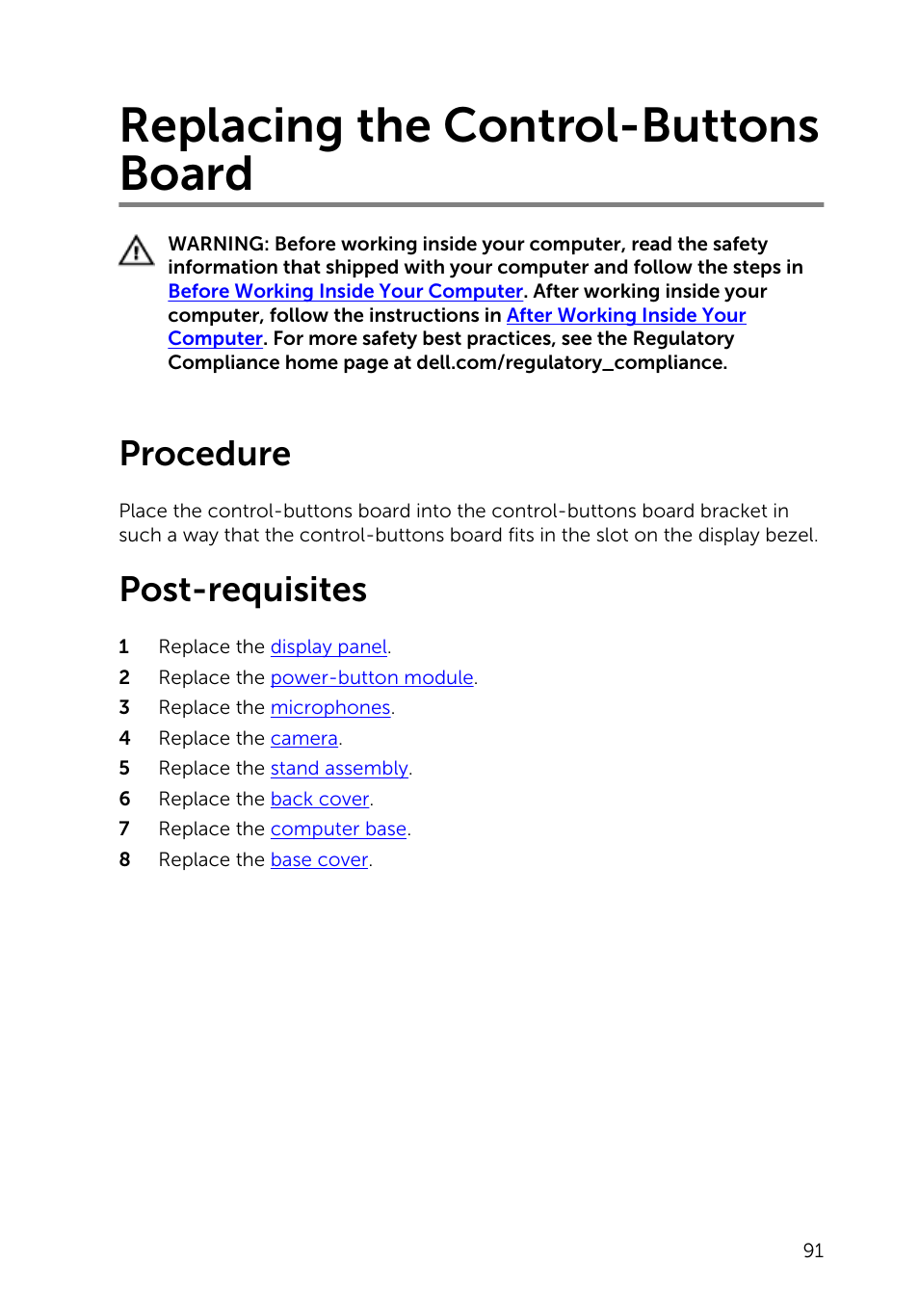 Replacing the control-buttons board, Procedure, Post-requisites | Dell Inspiron 23 (2350, Mid 2013) User Manual | Page 91 / 106