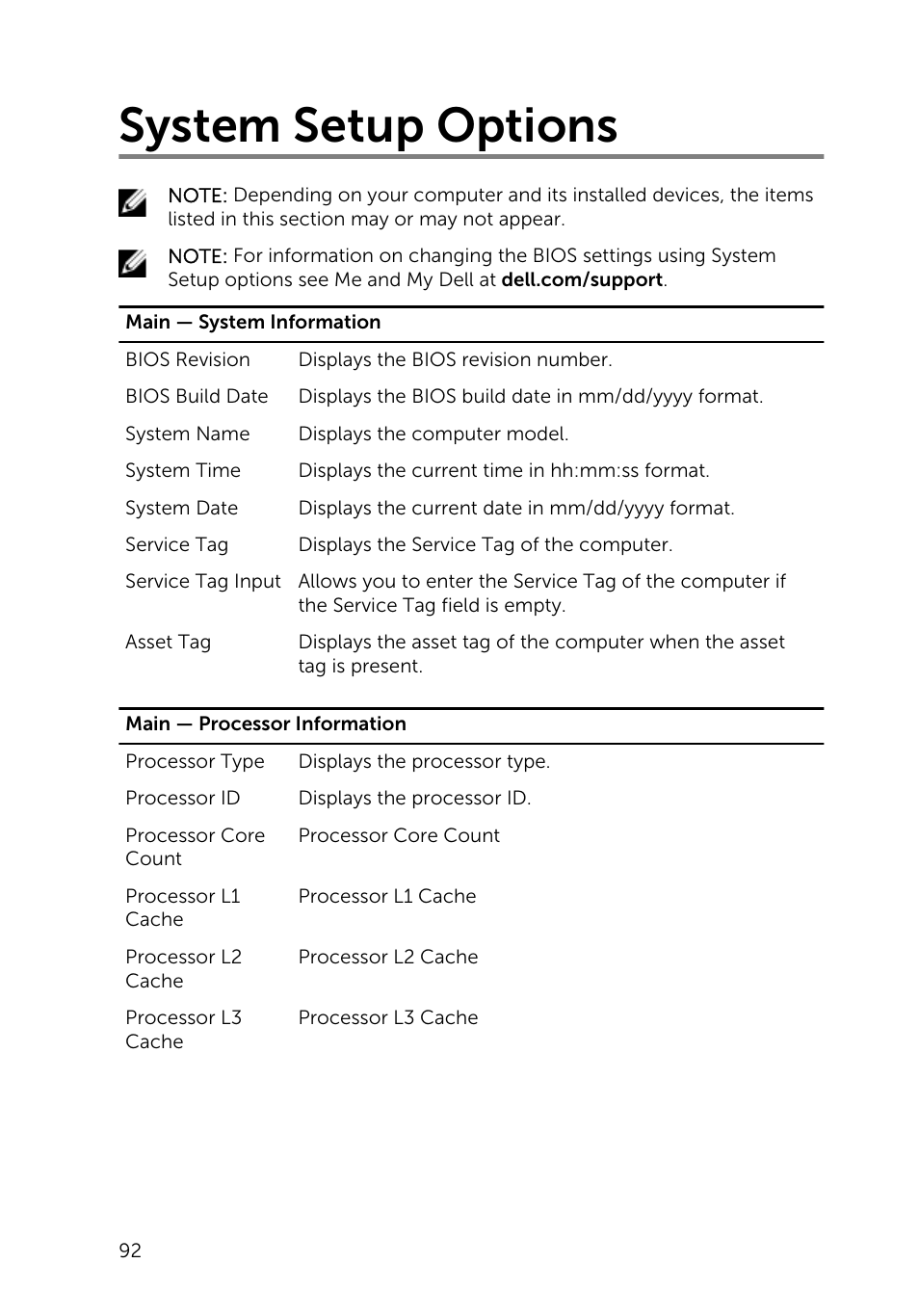 System setup options | Dell Inspiron 23 (2350, Mid 2013) User Manual | Page 92 / 106