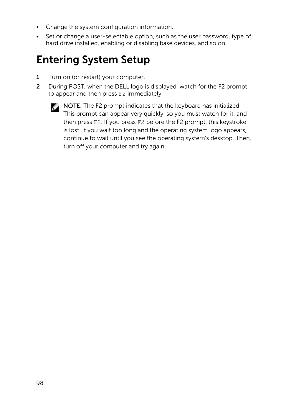 Entering system setup | Dell Inspiron 23 (2350, Mid 2013) User Manual | Page 98 / 106