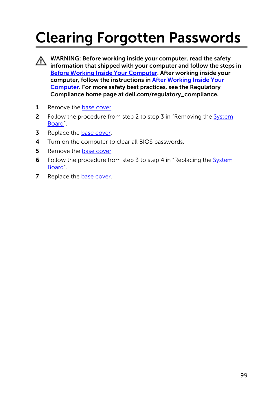 Clearing forgotten passwords | Dell Inspiron 23 (2350, Mid 2013) User Manual | Page 99 / 106