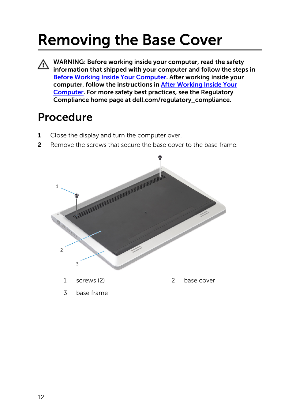 Removing the base cover, Procedure | Dell Inspiron 15 (5542, Mid 2014) User Manual | Page 12 / 93