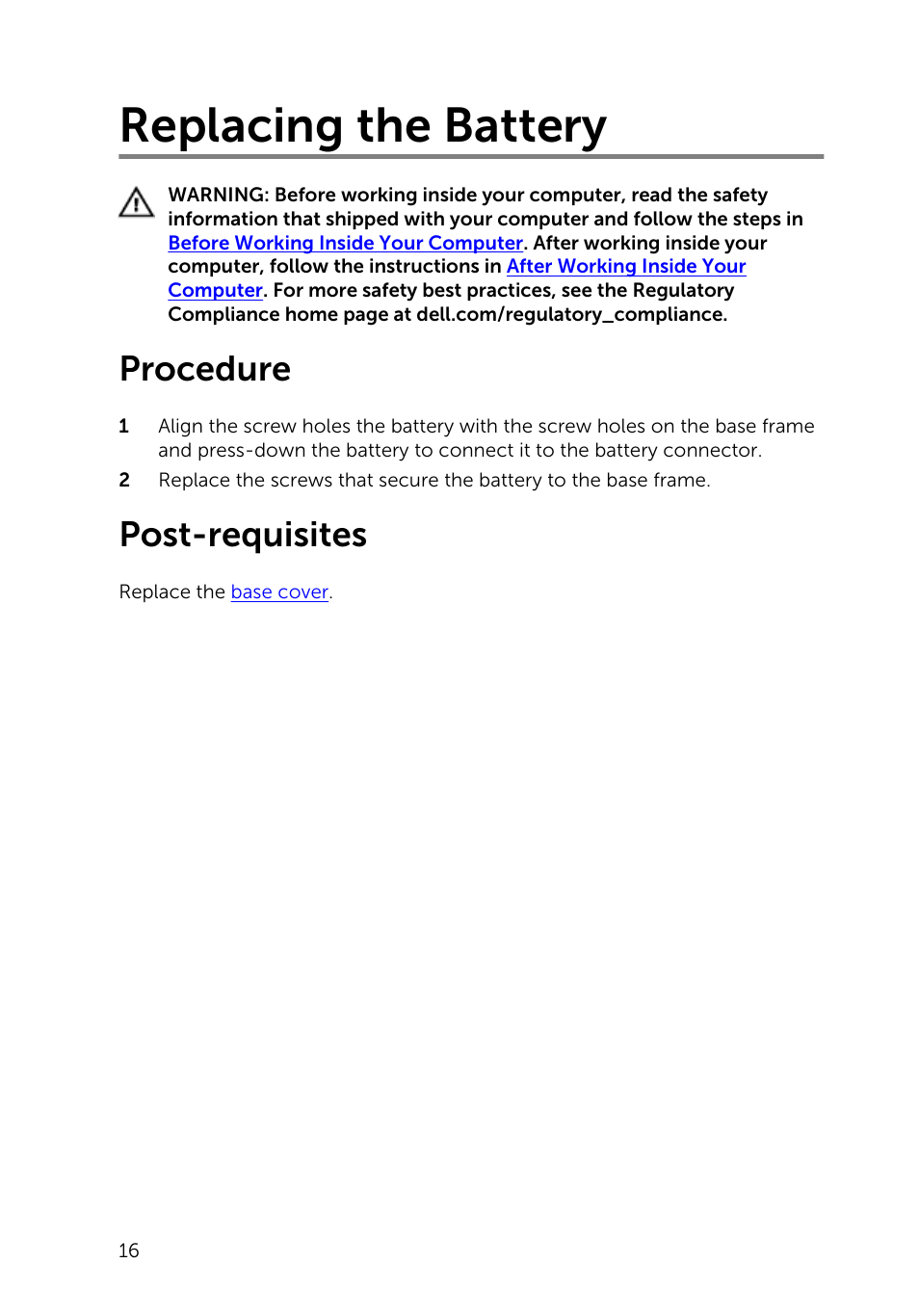 Replacing the battery, Procedure, Post-requisites | Dell Inspiron 15 (5542, Mid 2014) User Manual | Page 16 / 93