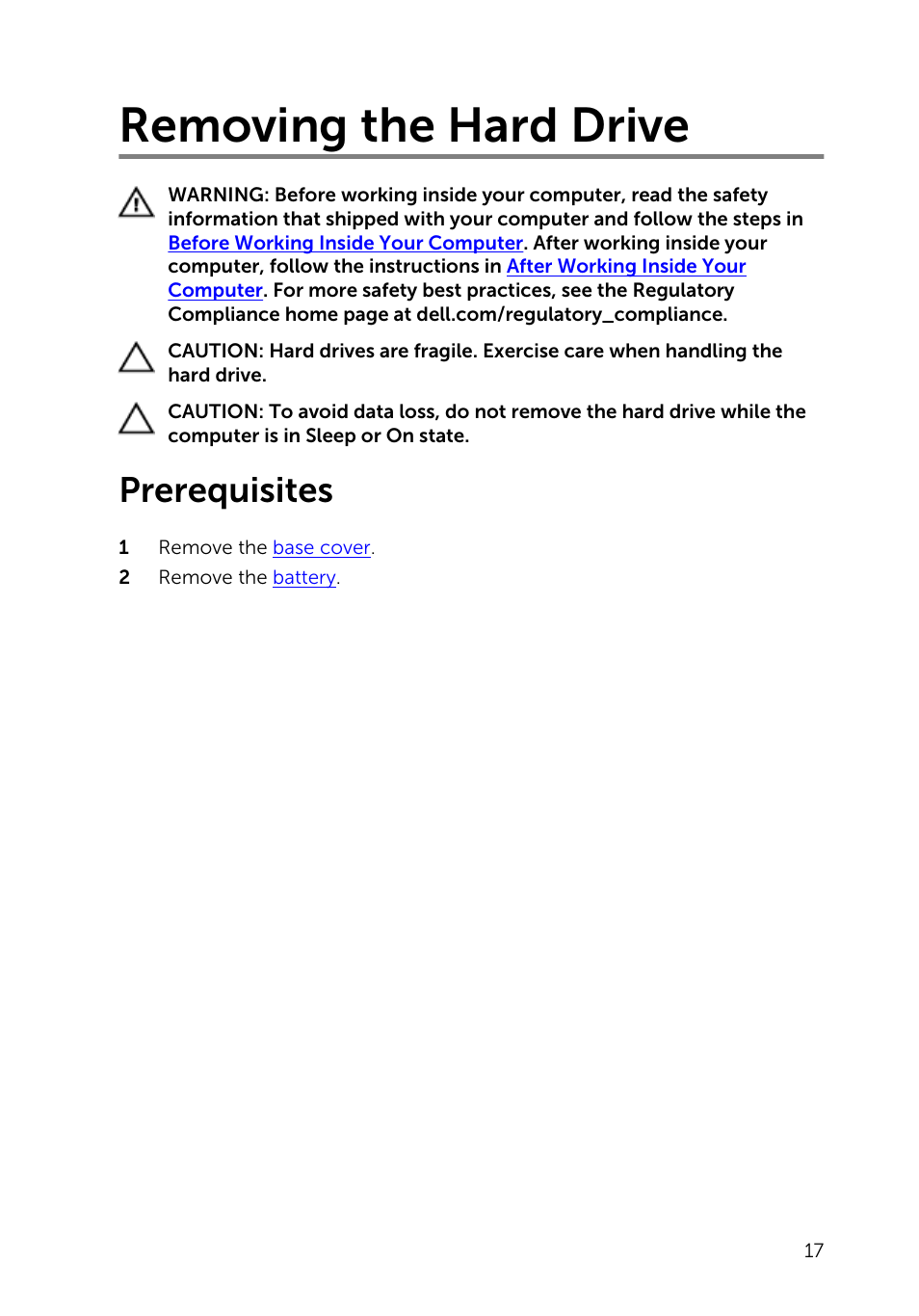 Removing the hard drive, Prerequisites | Dell Inspiron 15 (5542, Mid 2014) User Manual | Page 17 / 93