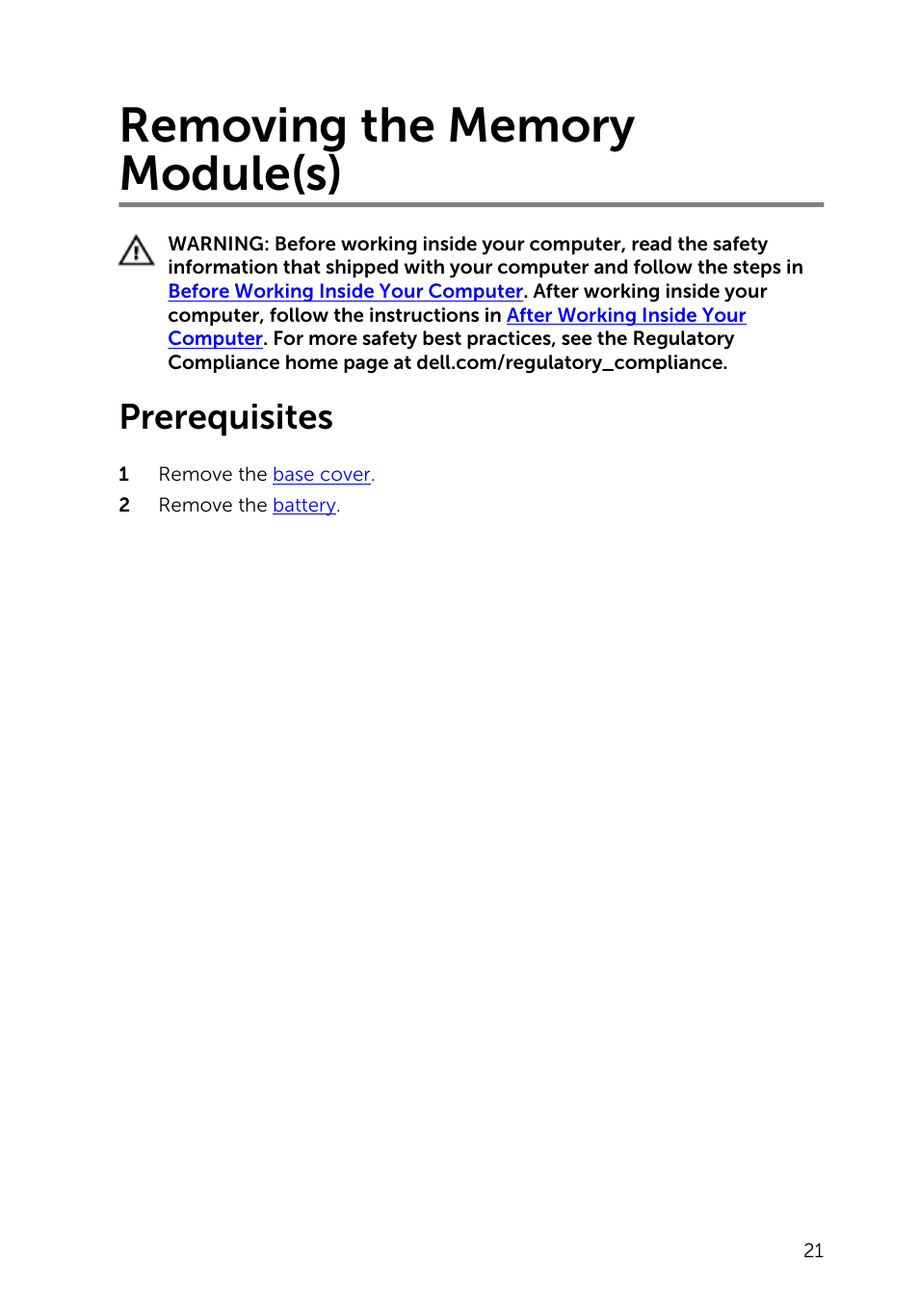 Removing the memory module(s), Prerequisites | Dell Inspiron 15 (5542, Mid 2014) User Manual | Page 21 / 93