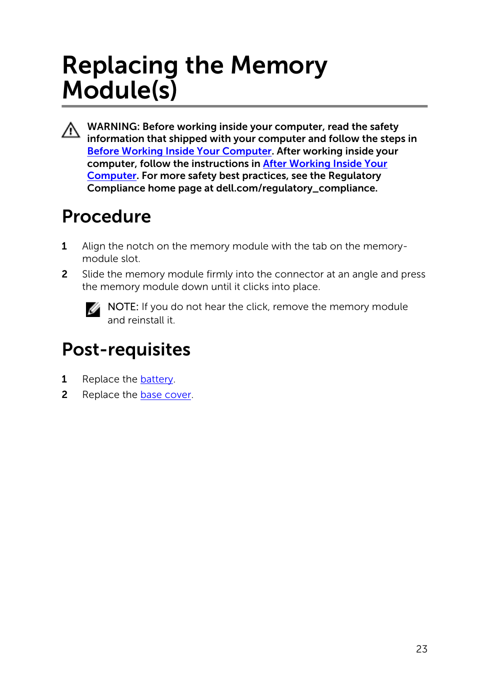 Replacing the memory module(s), Procedure, Post-requisites | Dell Inspiron 15 (5542, Mid 2014) User Manual | Page 23 / 93