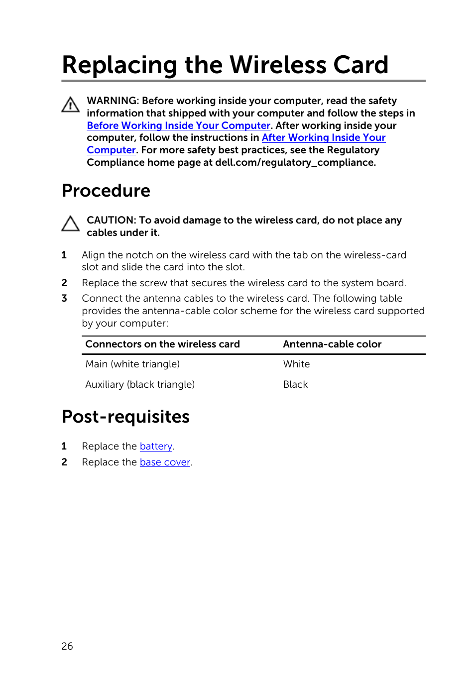 Replacing the wireless card, Procedure, Post-requisites | Dell Inspiron 15 (5542, Mid 2014) User Manual | Page 26 / 93