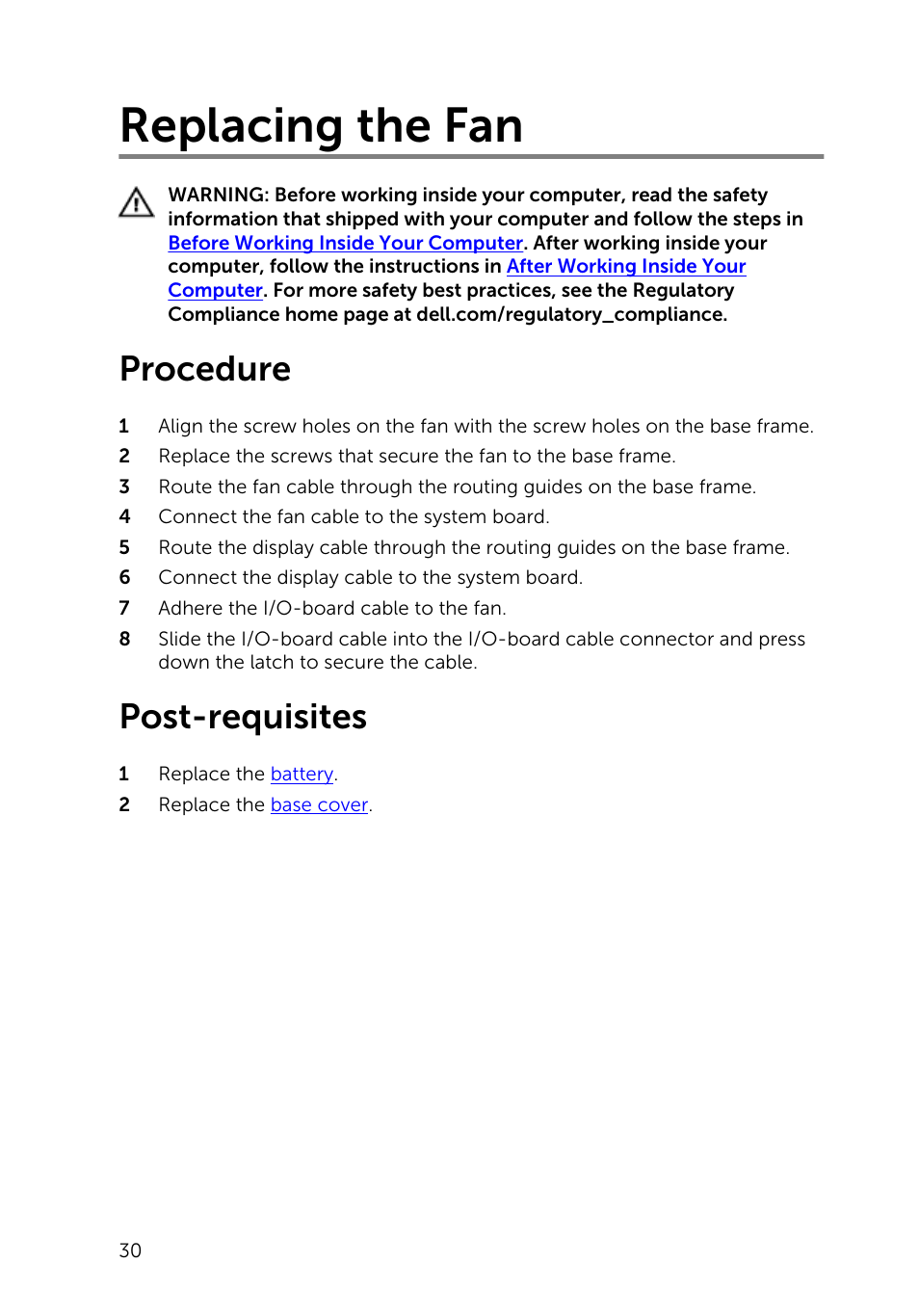 Replacing the fan, Procedure, Post-requisites | Dell Inspiron 15 (5542, Mid 2014) User Manual | Page 30 / 93