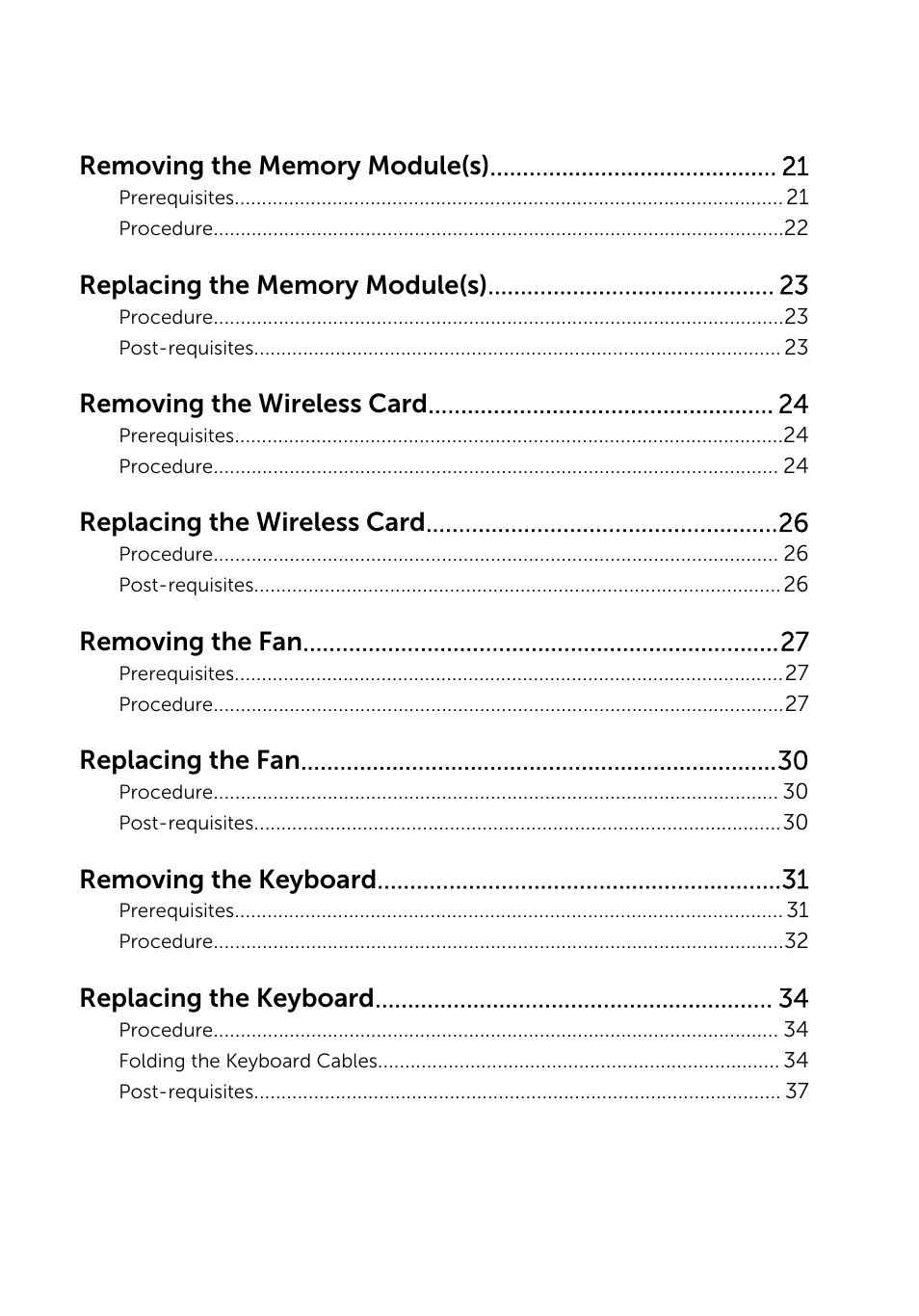 Removing the wireless card, Replacing the wireless card, Removing the fan | Replacing the fan, Removing the keyboard, Replacing the keyboard | Dell Inspiron 15 (5542, Mid 2014) User Manual | Page 4 / 93