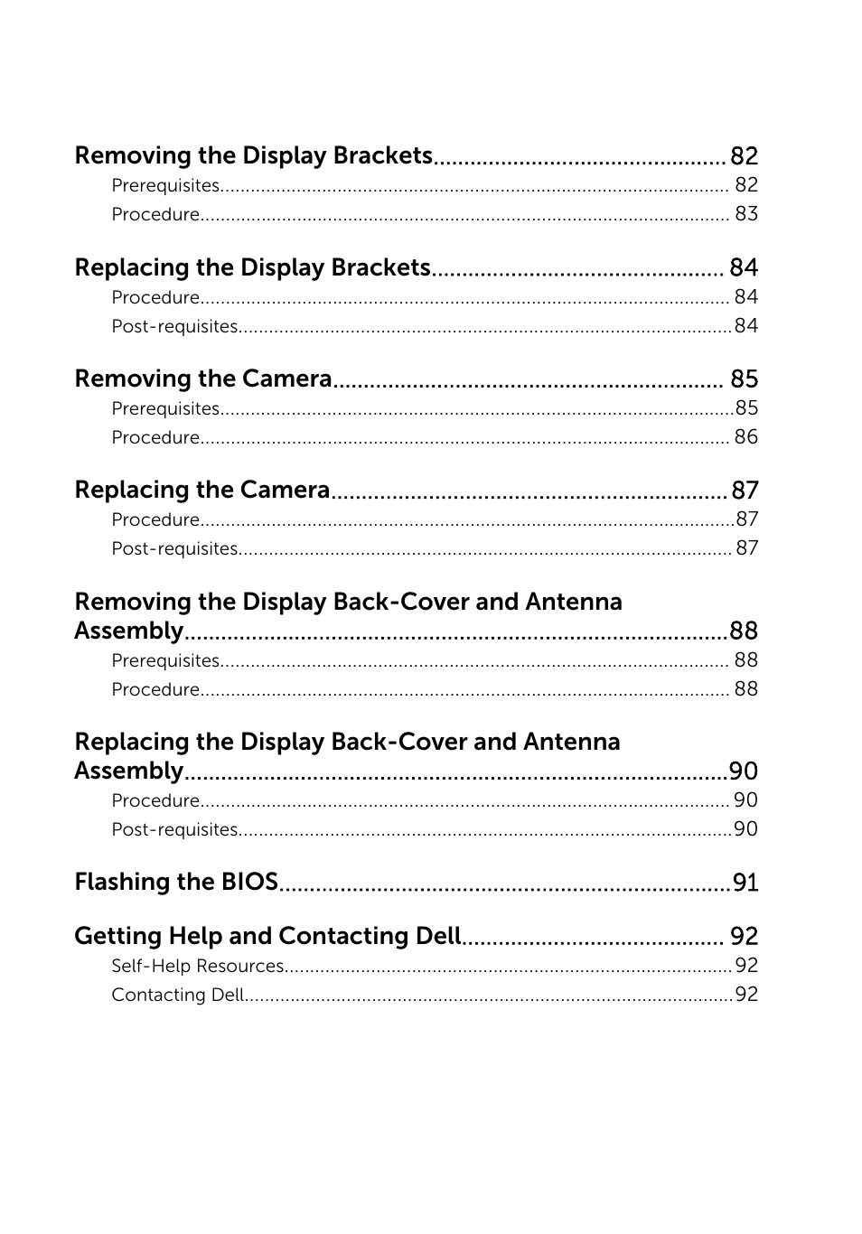 Removing the display brackets, Replacing the display brackets, Removing the camera | Replacing the camera, Flashing the bios getting help and contacting dell | Dell Inspiron 15 (5542, Mid 2014) User Manual | Page 8 / 93
