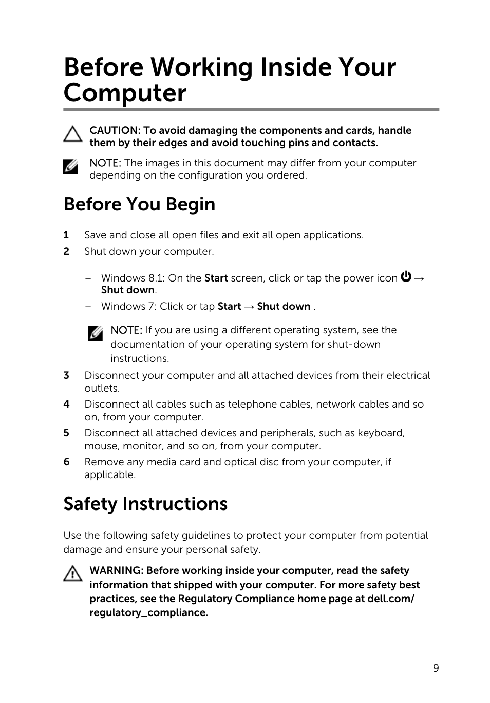 Before working inside your computer, Before you begin, Safety instructions | Dell Inspiron 15 (5542, Mid 2014) User Manual | Page 9 / 93