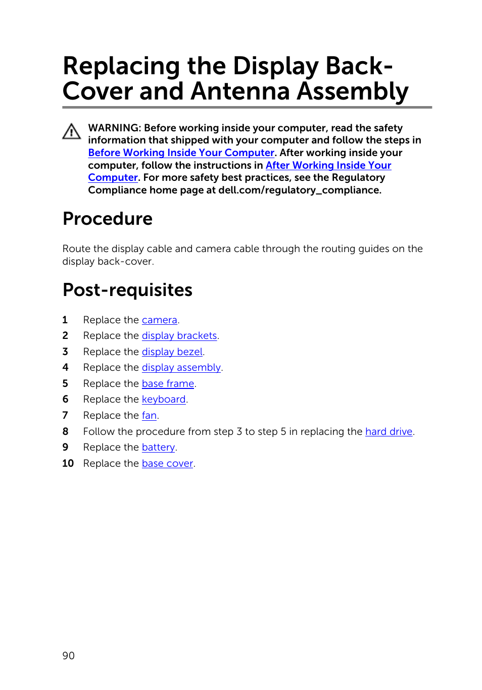 Procedure, Post-requisites, Replacing the display back-cover and antenna | Assembly | Dell Inspiron 15 (5542, Mid 2014) User Manual | Page 90 / 93