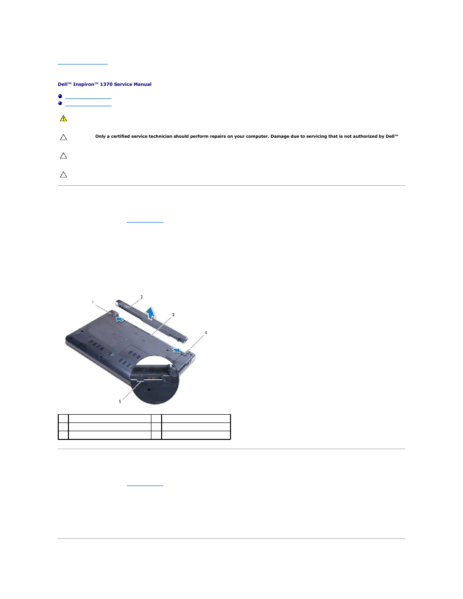 Battery, Removing the battery, Replacing the battery | Dell Inspiron 13 (1370, Late 2009) User Manual | Page 2 / 51