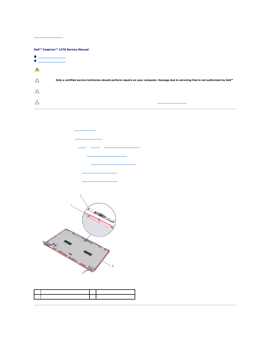 Camera, Removing the camera, Replacing the camera | Dell Inspiron 13 (1370, Late 2009) User Manual | Page 9 / 51