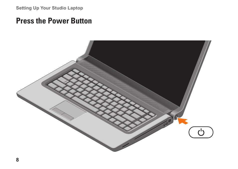 Press the power button | Dell Studio 15 (1555, Early 2009) User Manual | Page 10 / 102