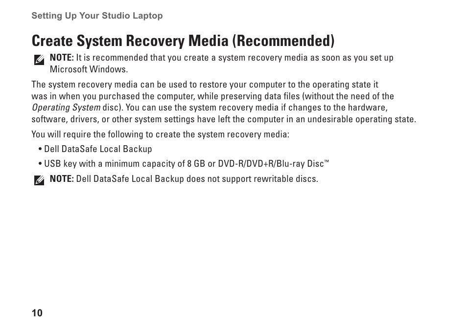 Create system recovery media (recommended), Create system recovery media, Recommended) | Dell Studio 15 (1555, Early 2009) User Manual | Page 12 / 102
