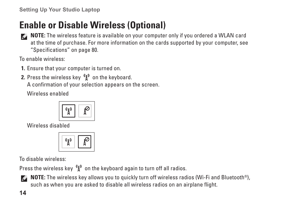 Enable or disable wireless (optional) | Dell Studio 15 (1555, Early 2009) User Manual | Page 16 / 102