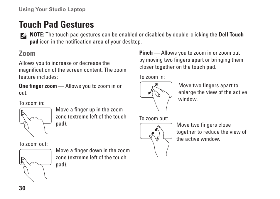 Touch pad gestures, Zoom | Dell Studio 15 (1555, Early 2009) User Manual | Page 32 / 102