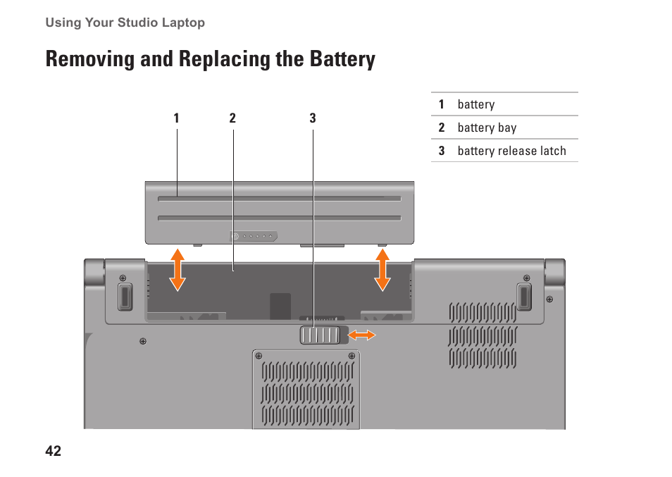 Removing and replacing the battery | Dell Studio 15 (1555, Early 2009) User Manual | Page 44 / 102