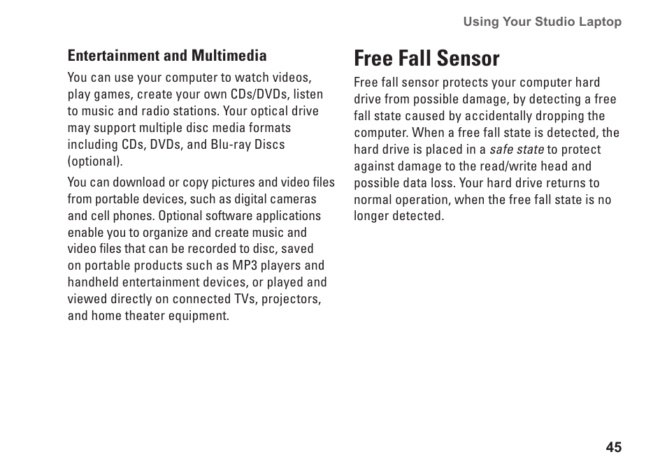 Free fall sensor | Dell Studio 15 (1555, Early 2009) User Manual | Page 47 / 102