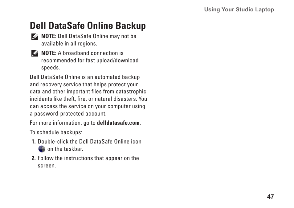 Dell datasafe online backup | Dell Studio 15 (1555, Early 2009) User Manual | Page 49 / 102