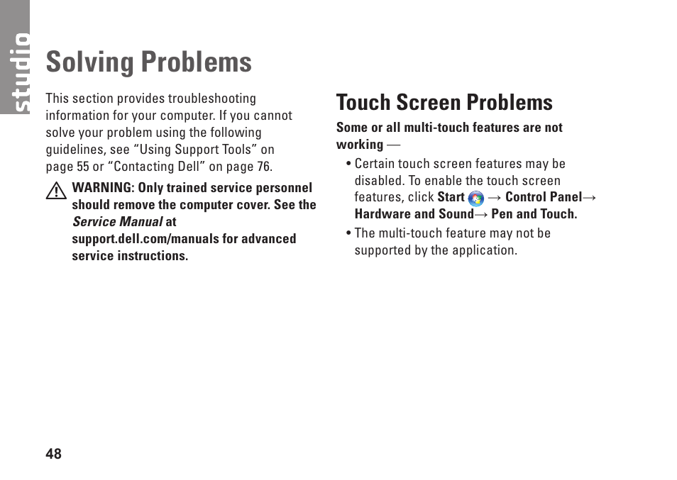 Solving problems, Touch screen problems | Dell Studio 15 (1555, Early 2009) User Manual | Page 50 / 102