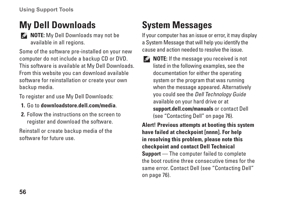 My dell downloads, System messages, My dell downloads system messages | Dell Studio 15 (1555, Early 2009) User Manual | Page 58 / 102
