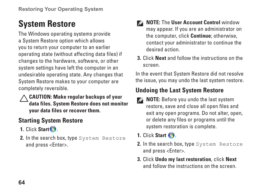 System restore | Dell Studio 15 (1555, Early 2009) User Manual | Page 66 / 102