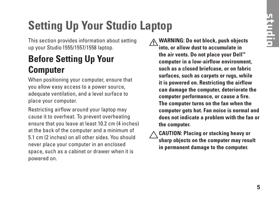 Setting up your studio laptop, Before setting up your computer | Dell Studio 15 (1555, Early 2009) User Manual | Page 7 / 102