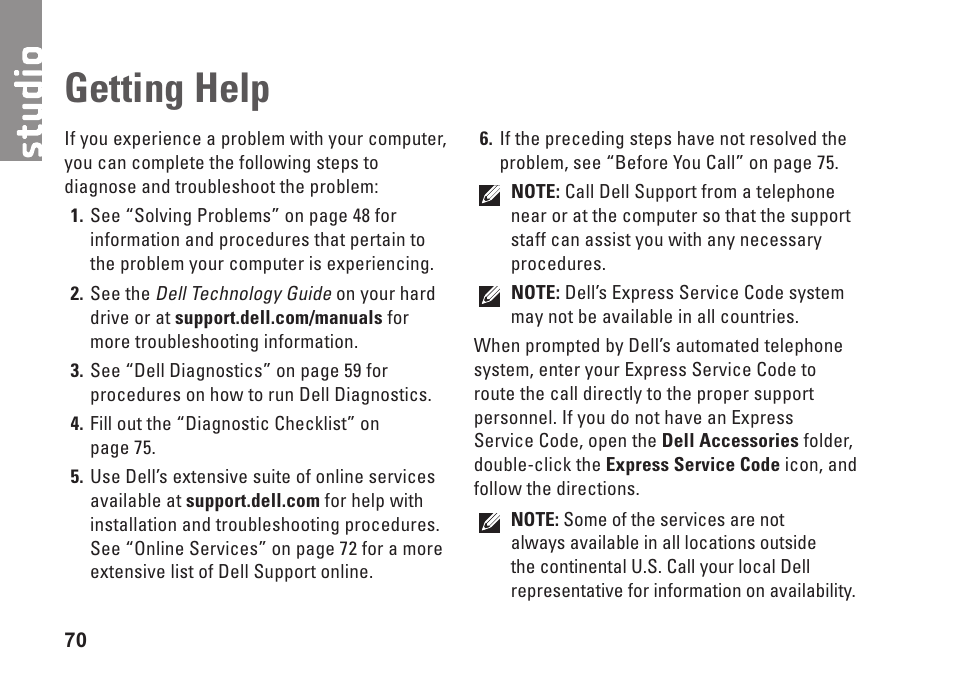 Getting help | Dell Studio 15 (1555, Early 2009) User Manual | Page 72 / 102